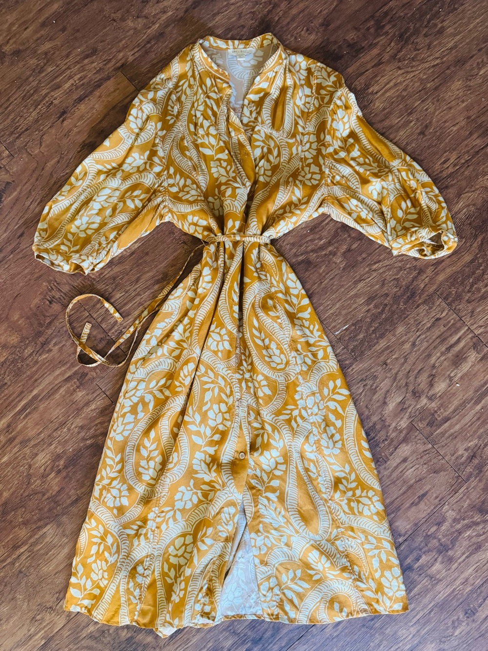 See U Soon Women's Mustard Paisley Button-Front Slit Tie-Waist Dress